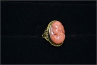 14k Gold & Carved Coral Cameo Ladies Ring