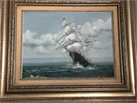 Tall masted  ship painting on canvas, framed to