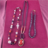 3 Necklaces - solid black Bead is natural stone,