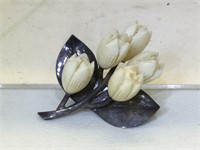 900 Fine Silver brooch with carved Ivory flowers