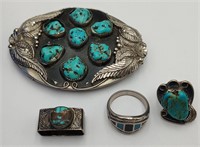 Turquoise & Silver Tone Belt Buckle & Rings