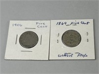 1906 & 1869 Five-Cent Nickels.