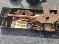 Miter saw, clamps, drum auger, misc metal pieces,