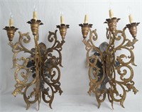 Pair gilded wr iron 3 light wall sconces