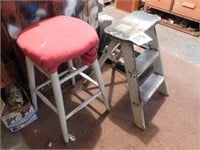 Two stools: wooden with pad - wooden two step