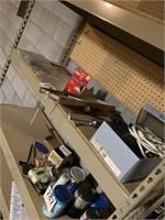 Shelf lot to include ,grease gun,slaw board,etc