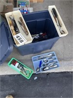 Tote of misc cooking gadgets and silverware