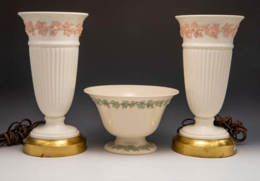 Pair of Wedgwood of Etruria Lamps and Footed Bowl.