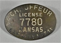 1941 Kansas Chauffeur License Badge Pin #7780