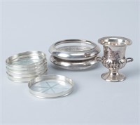 Lot Sterling & Glass Coasters & Toothpick Holder