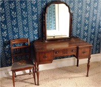 Walnut Vanity with Mirror and Chair