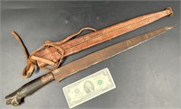 Antique 17" Long Carved Wood Handle Knife w Sheath