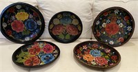 Five decorative wooden hand painted plates
