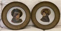 Pair antique convex portraits--oil on porcelain