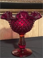 Fenton ruby red hobnail compote with original