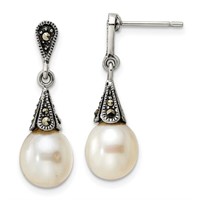 Sterling Silver- Marcasite Pearl Dangle Earrings