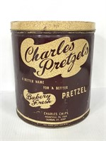 Charles Pretzels large vintage tin w/ lid