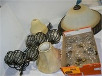 2 METAL CANDLE SCONCES, 5 GLASS LIGHT SHADES,