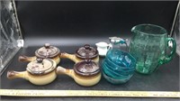 Glass pitcher, bowls & Covered soup bowls