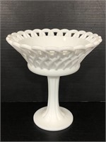 Vintage milk glass pedestal basket dish