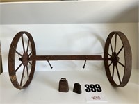 set of iron goat wagon wheels w/ 2 goat bells