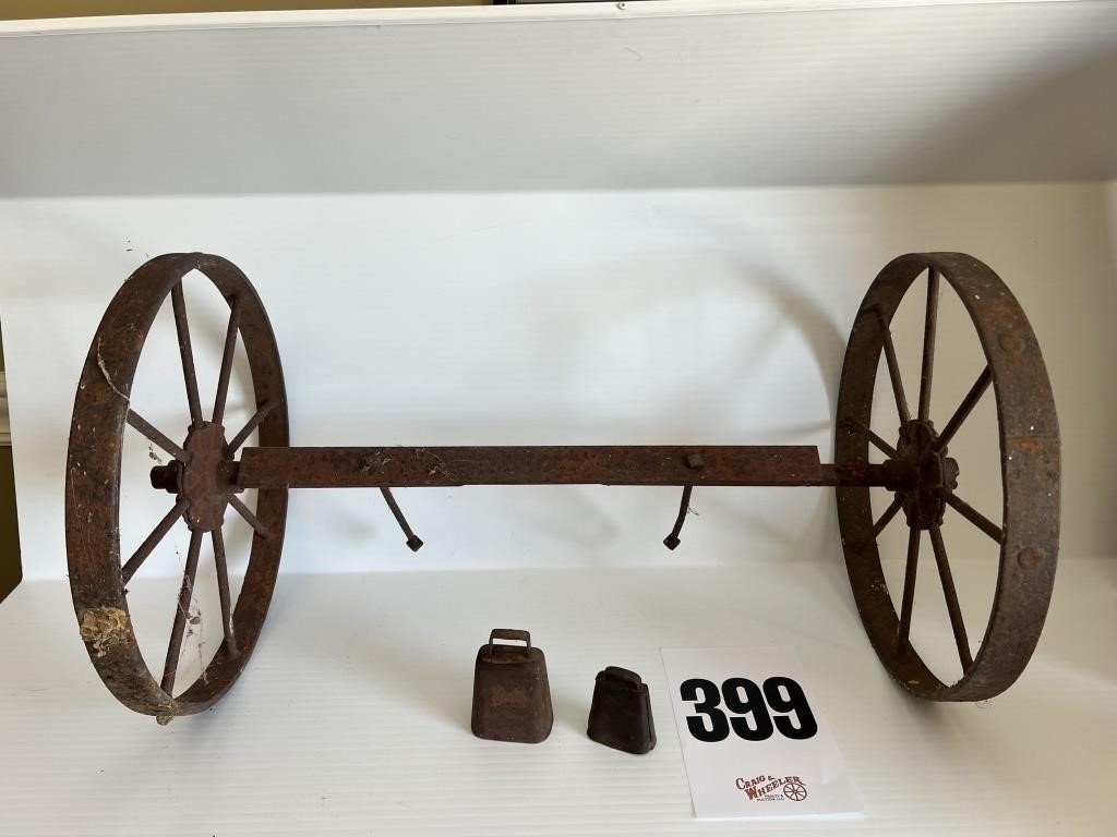 set of iron goat wagon wheels w/ 2 goat bells