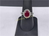 14K WHITE GOLD RUBY AND DIAMOND HALO RING
