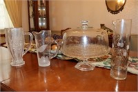 Cake Plate, Lead Glass Floral Design Pitcher,