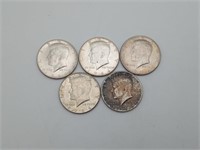 5 Silver Half Dollars 1964 Kennedy US Coins