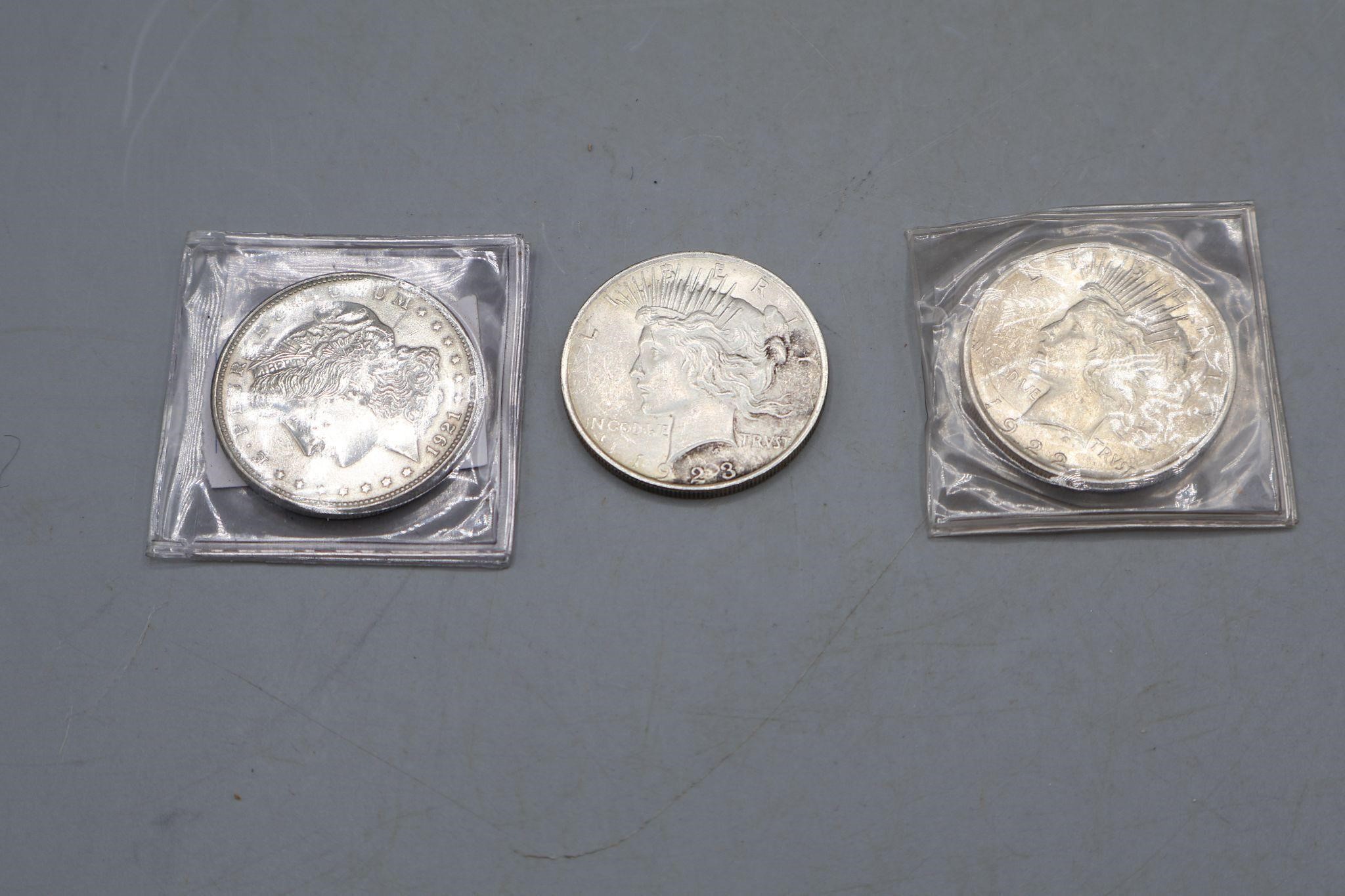 Three Silver Peace Dollars Ca. 1920s