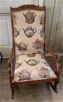 Wood Framed Rocking Chair with Teapot Upholstery