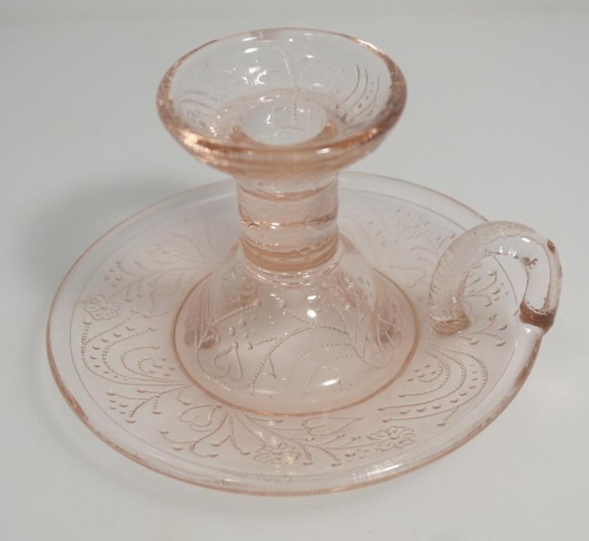 PINK DEPRESSION GLASS CANDLE HOLDER W/HANDLE