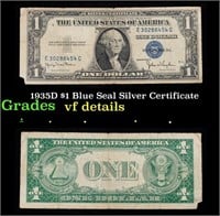 1935D $1 Blue Seal Silver Certificate Grades vf de
