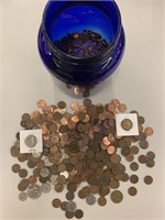 Group coins, mostly pennies, some wheat in cobalt