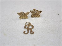 14K Gold Butterfly Earrings & An R Pendant 1G TW