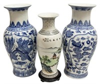 (3) CHINESE B&W & PAINTED PORCELAIN VASES