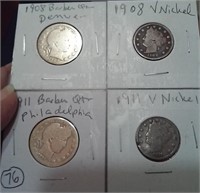 1908 1911 barber silver quarters + v nickels
