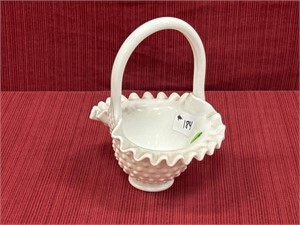 Fenton hobnail milk glass basket with ruffled edge