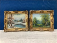 2 Oil on Canvas Paintings Trees by Lake & Stream