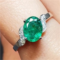 Certified 10K  Emerald(1.1ct) Diamond(0.06ct) Ring