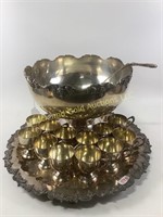 Silver on copper punch bowl with cups & tray
