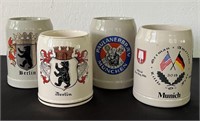 4 German Pottery Beer Mugs Munich Berlin Vintage