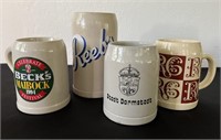 4 German Pottery Beer Mugs Reebs Becks Steins