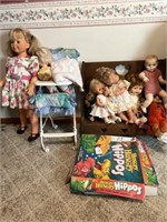 Assorted Dolls, Wooden Bench, & Board Game
