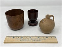 Miniature Jug, 2-Early Wooden Shot Glasses