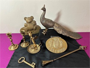 Brass Lot Peacock, Candlesticks, Snuffer, Key