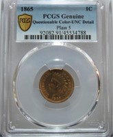 1865 Indian cent PCGS unc detail questionable
