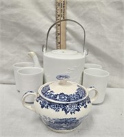 White Tea Set & English Village Blue Sugar Bowl