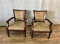 Pair Brown Paisley Wood Arm Chairs