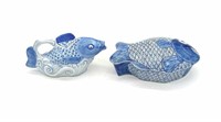 Chinese Blue & White Ceramic Fish Box and Teapot